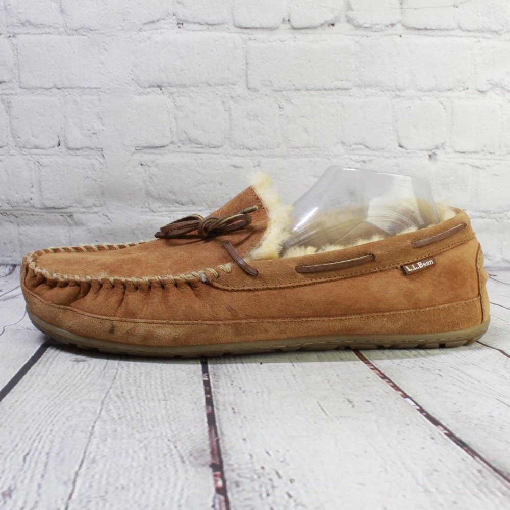 LL Bean Mens Brown Suede Shearling Lined Wicked Good Moccasin Slippers Size 13